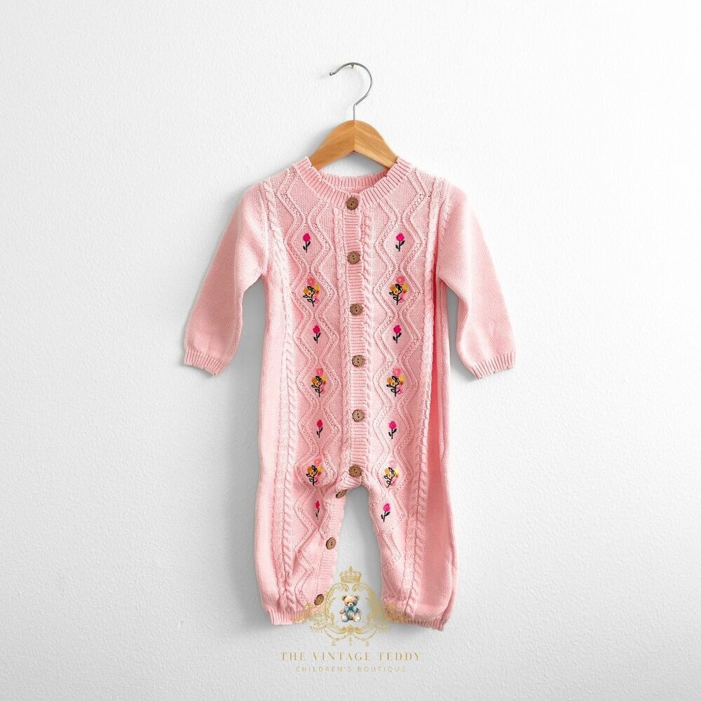NWT Pretty Girls Knit One-piece Bodysuit Sweater Floral Embroidered Blush 0-3M - Picture 2 of 5